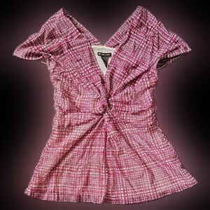 Pink and White Ruched Tie Front Blouse with Short Sleeves